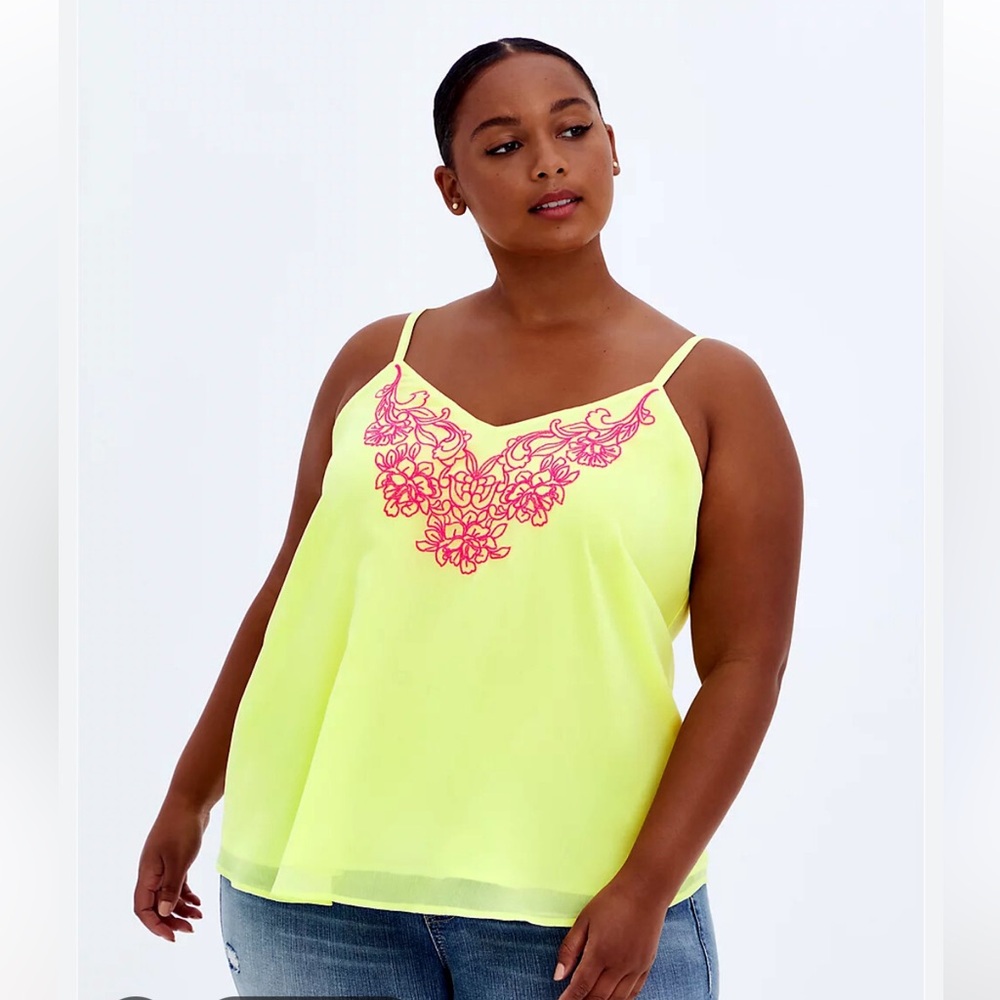 Torrid pink embroidered v neck sleeveless cami neon lime top size 1X